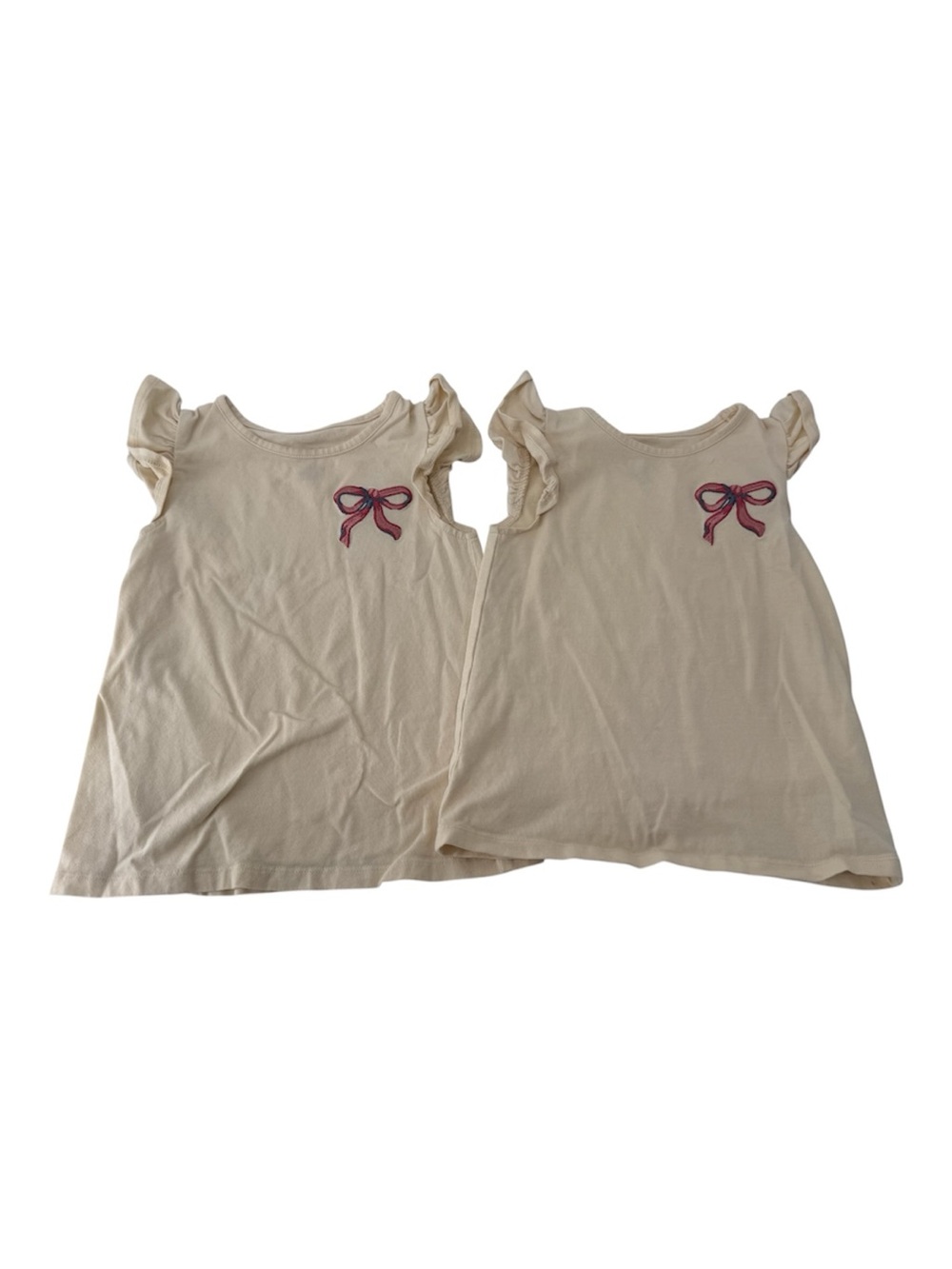 Matching Twin Girls' Cream Ruffle Sleeve Top with Bow Accent Bundle